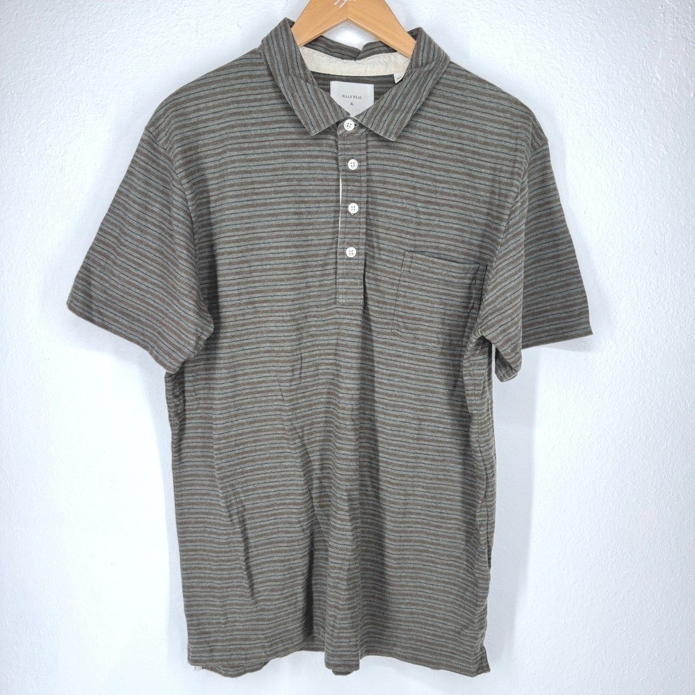 Billy Reid Mens Striped Short Sleeve Polo Shirt Size XL Brown Blue Preppy Casual